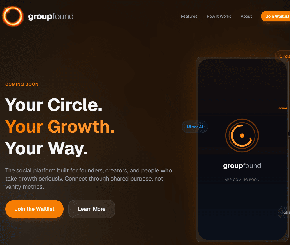 GroupFound website — social networking platform for entrepreneurs