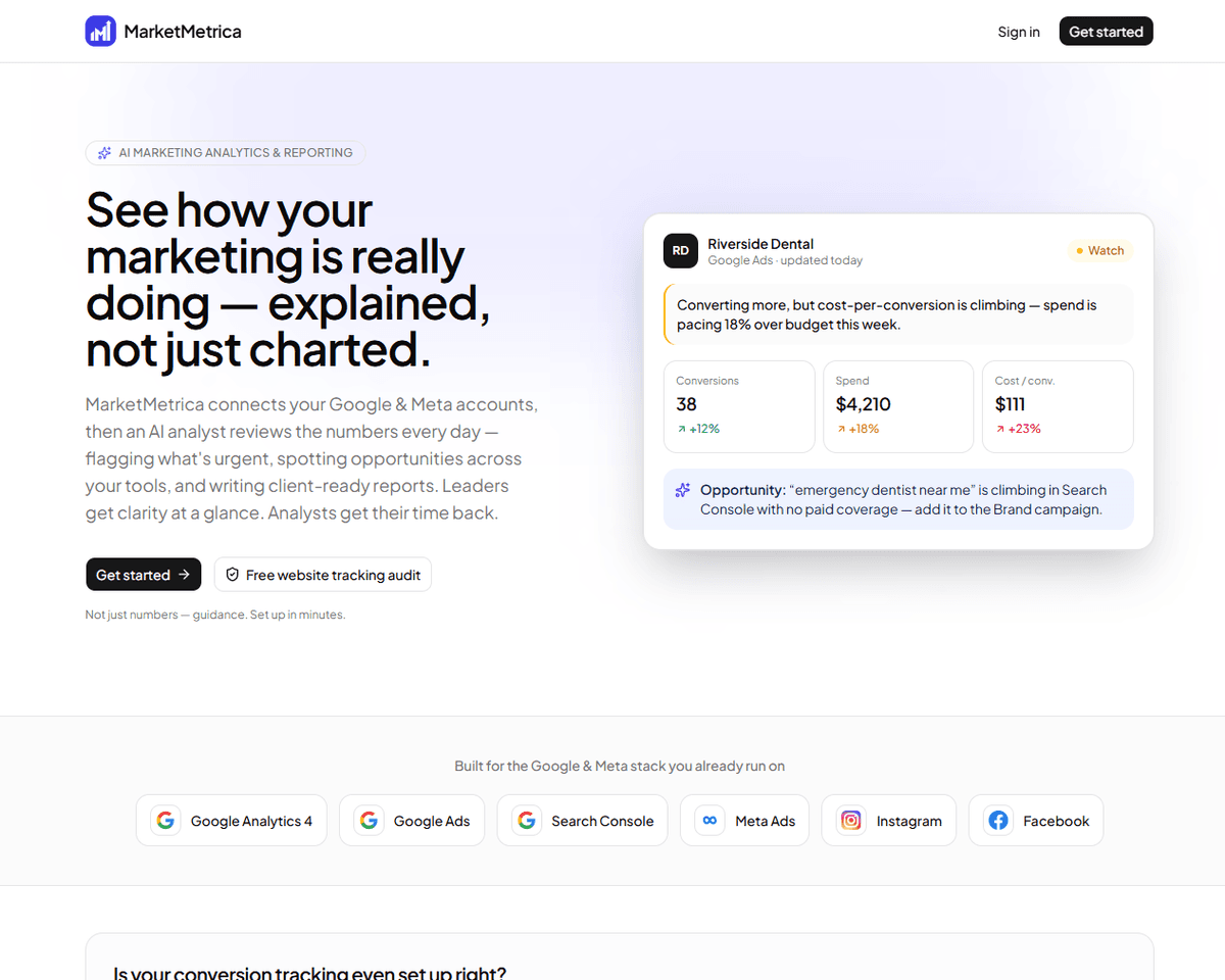 MarketMetrica website: AI marketing analytics & reporting