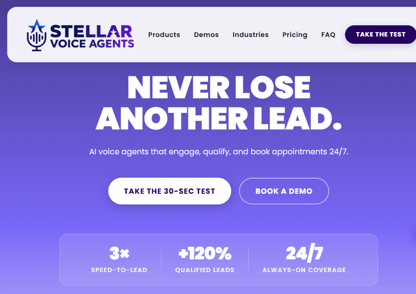 Stellar Voice Agents website hero — Never lose another lead